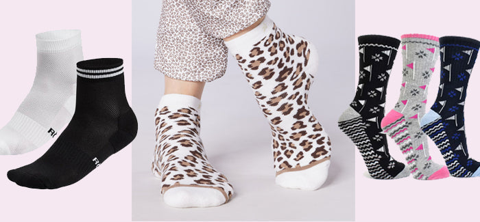 A selection of seasonal socks available at GolfGarb including Rohnisch sports socks, Swing Out Sister Golf animal print socks and Surprizeshop golf flag print socks.