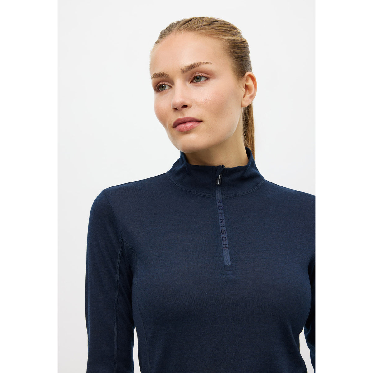 Rohnisch Merino Wool Blend 1/4 Zip Golf Top with Contour Seams in Navy