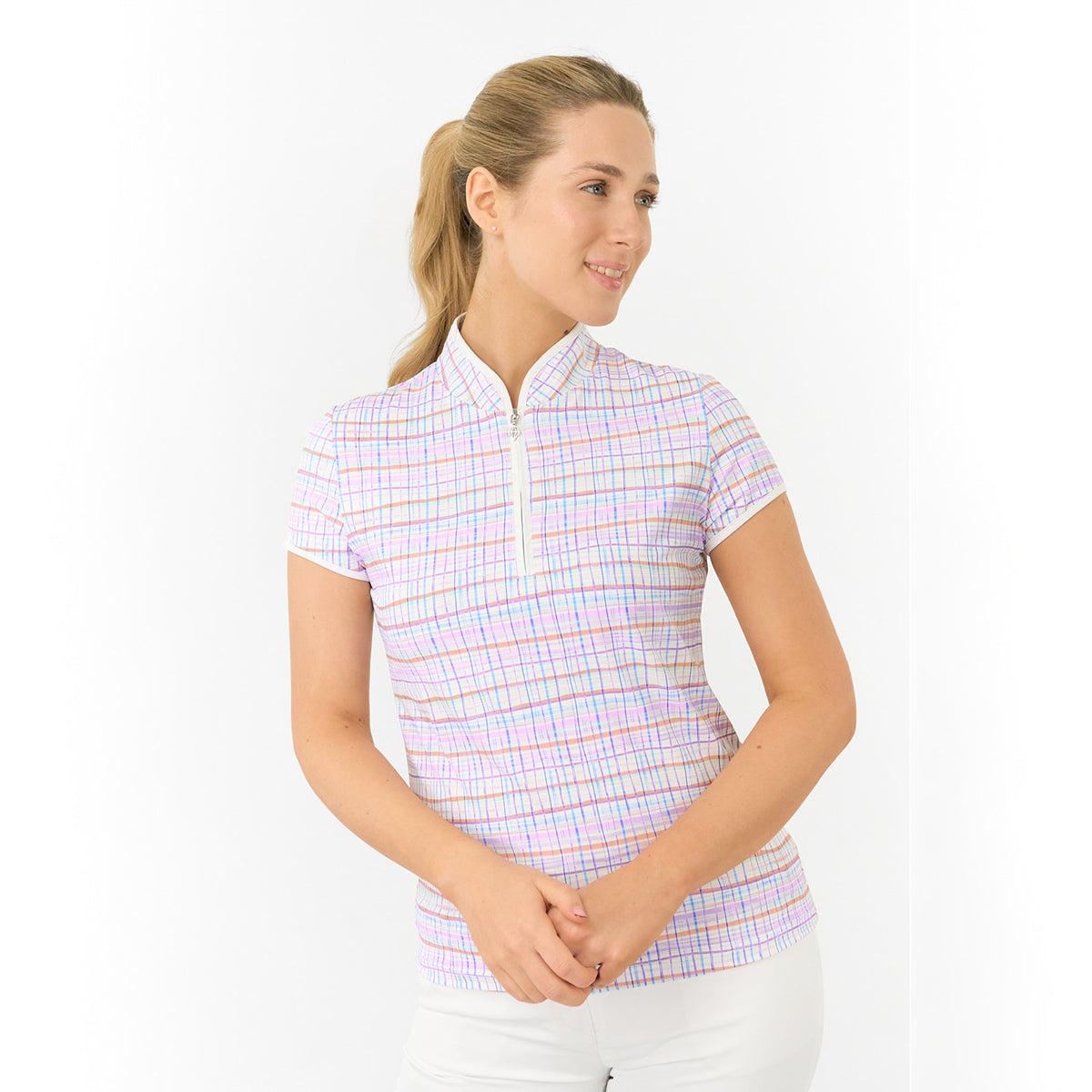 Pure Golf Cap Sleeve Polo in Pastel Check Print