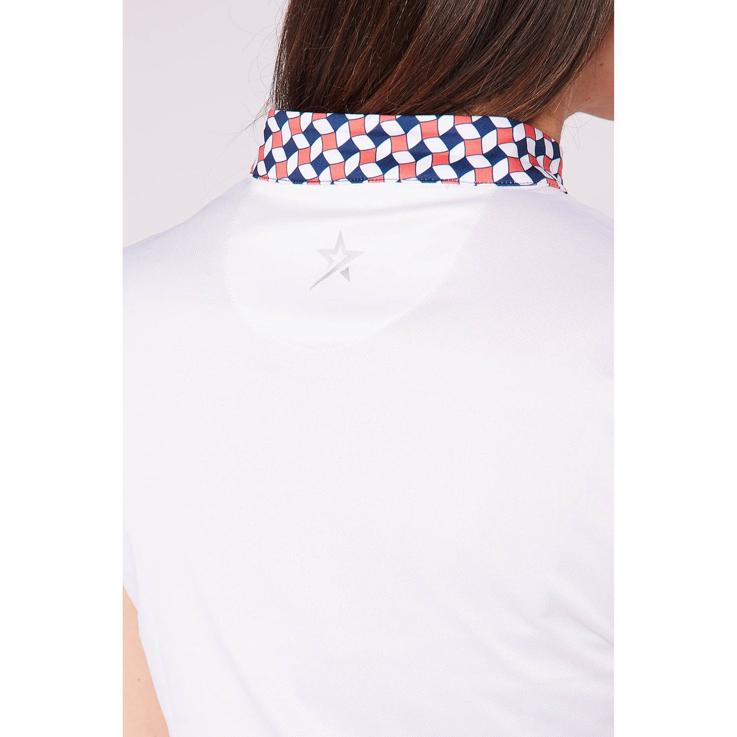 Swing Out Sister Ladies Cap Sleeve Zip-Neck Polo with Geometric Tile Print Trim