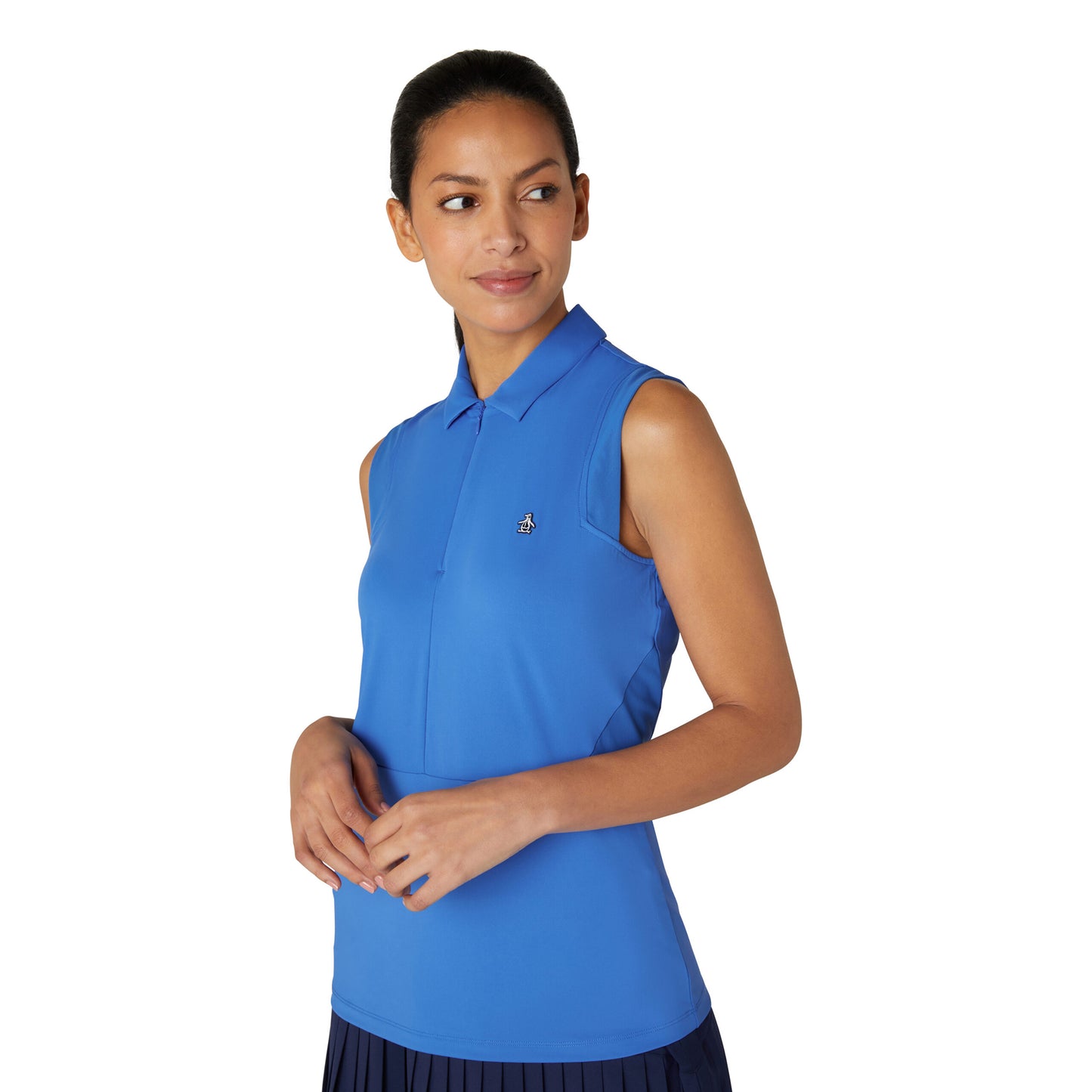 Original Penguin Women's Sleeveless Zip-Neck Polo with Mesh Panels in Nebulas Blue