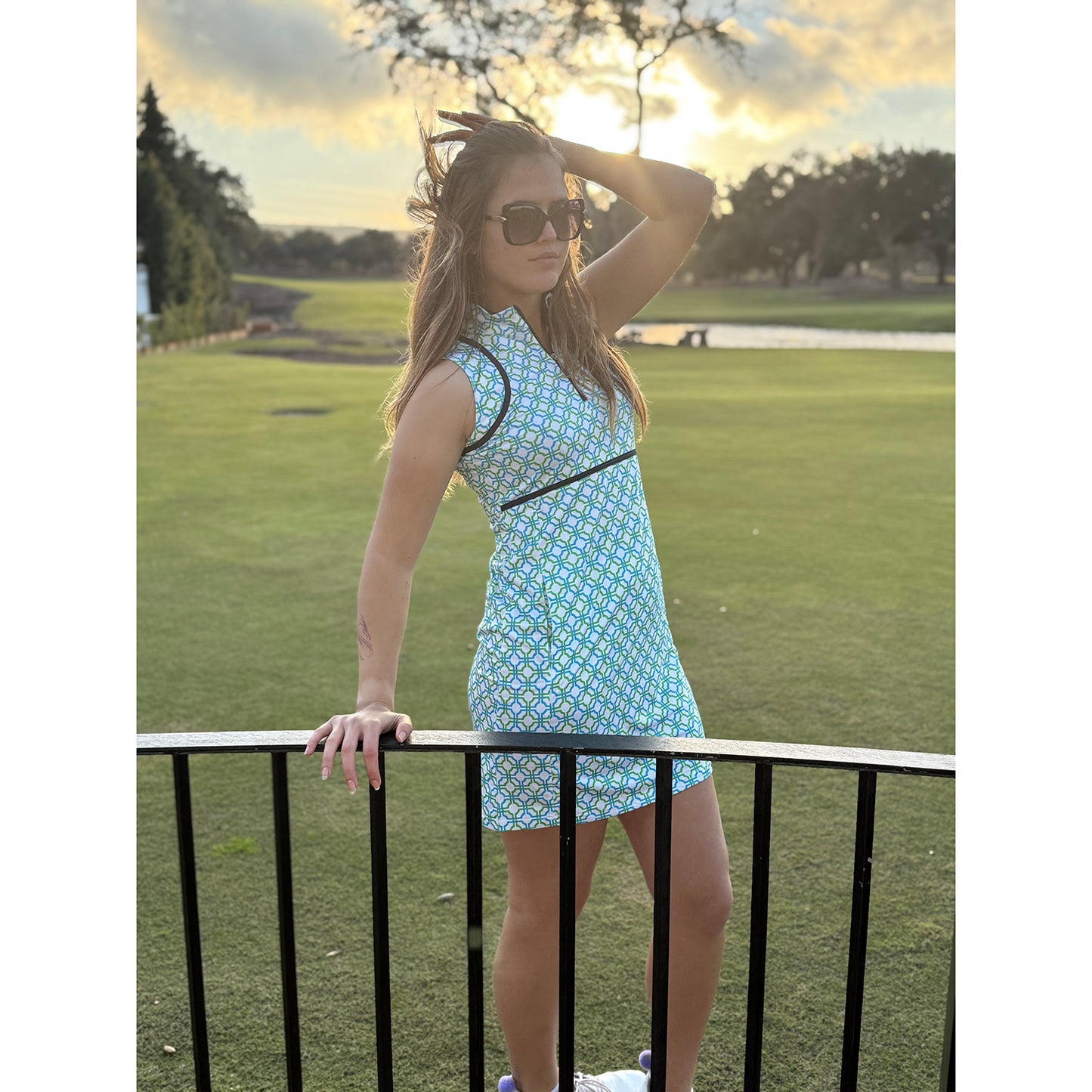 Swing Out Sister Ladies Sleeveless Golf Dress in Dazzling Blue and Emerald Mosaic Pattern