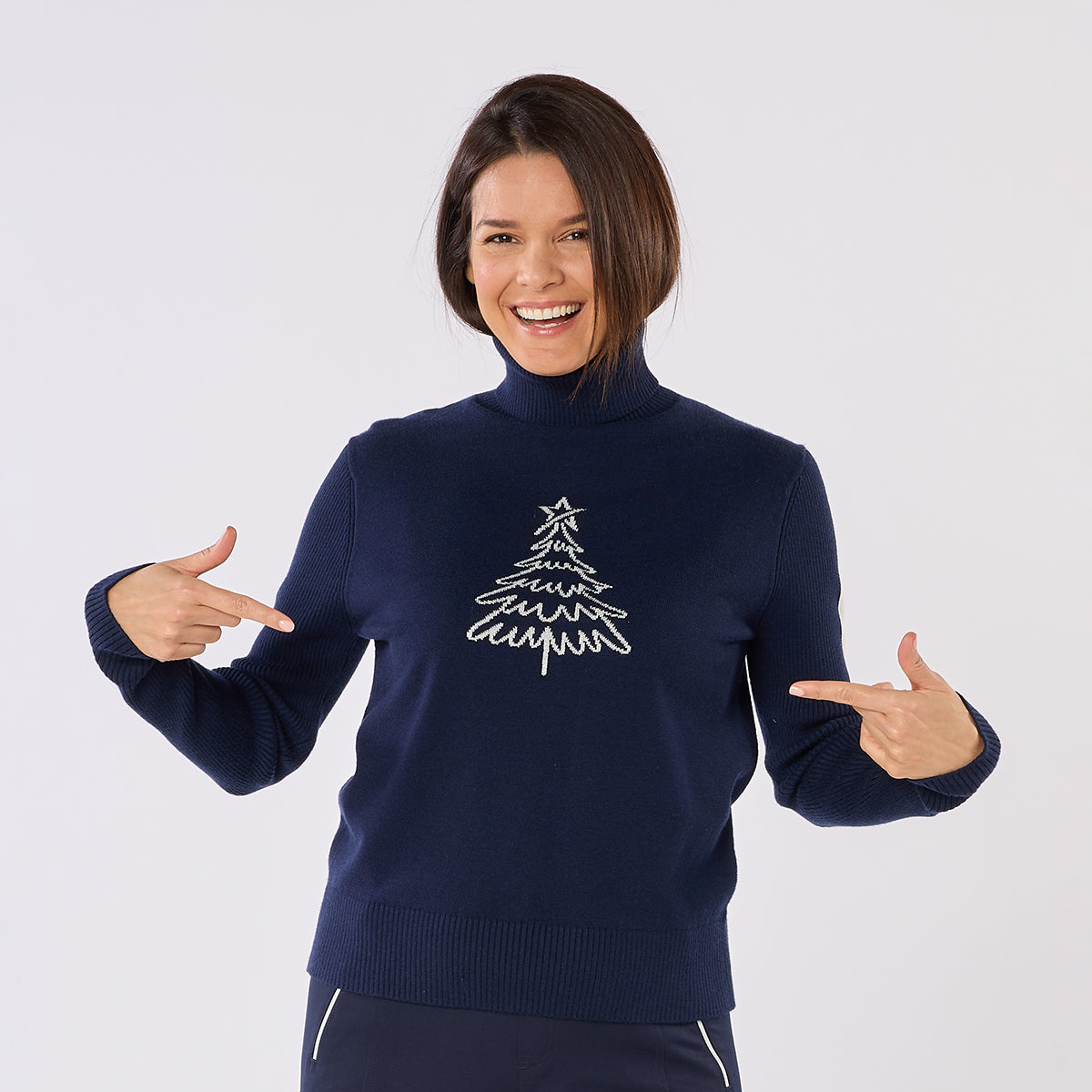 Swing Out Sister Christmas Sweater In Navy with Embroidered Sparkly Silver Christmas Tree