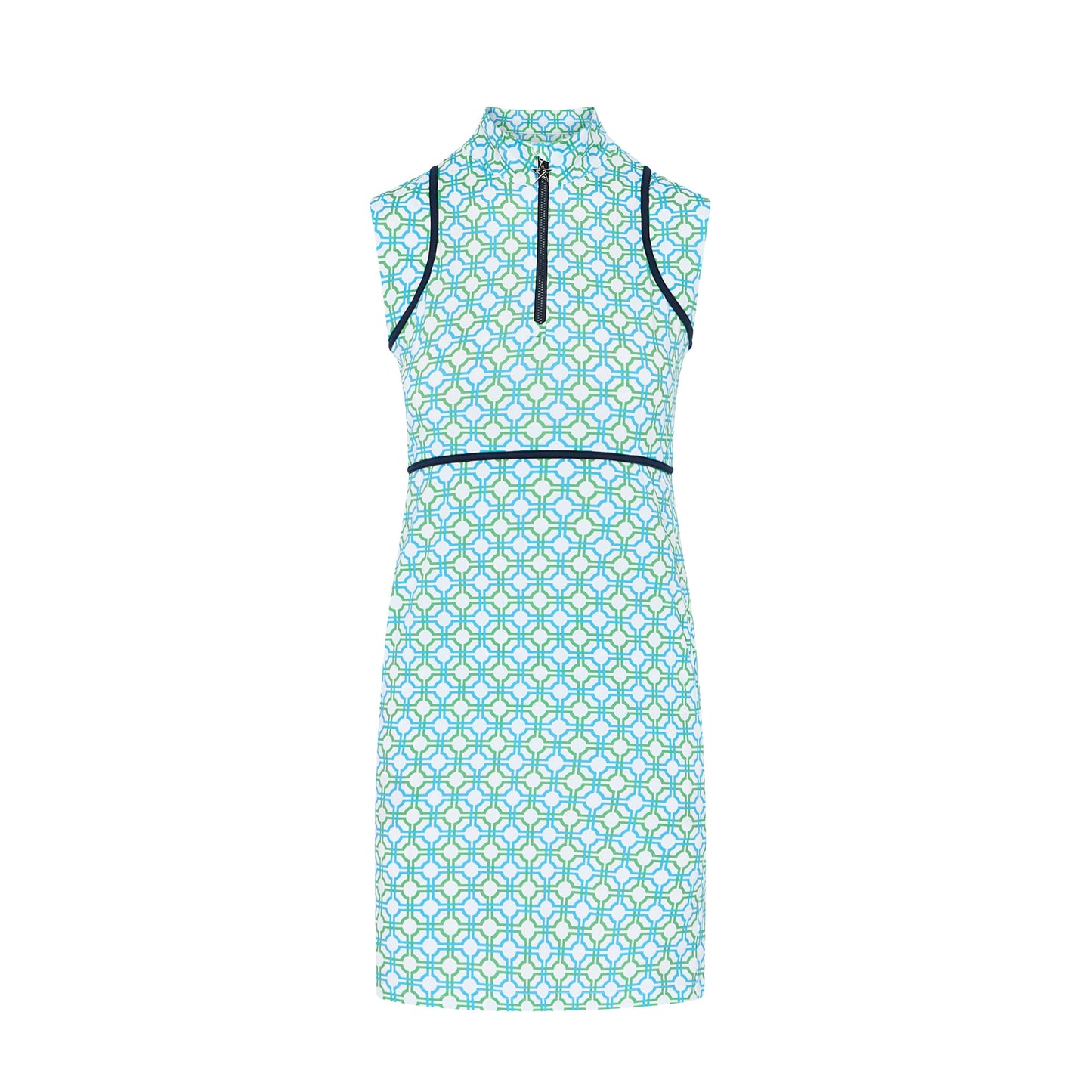 Swing Out Sister Ladies Sleeveless Golf Dress in Dazzling Blue and Emerald Mosaic Pattern