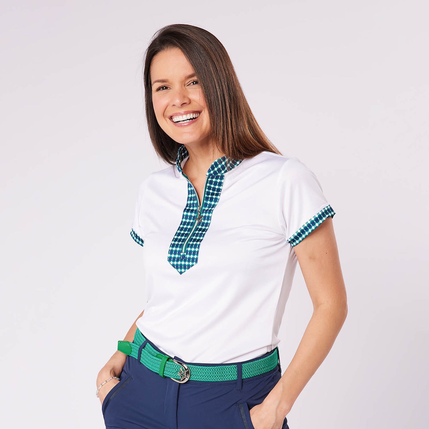 Swing Out Sister Ladies Cap Sleeve Zip-Neck Polo with Geo Print Trim