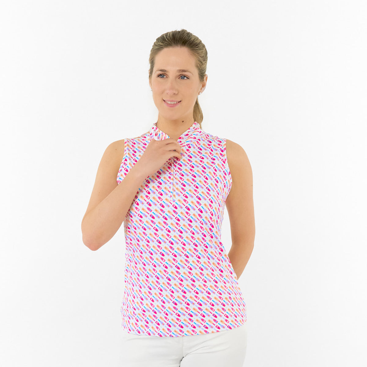 Pure Golf Ladies Sleeveless Polo in Fun Bottle Print – Cheerful Charm Meets Course-Ready Performance