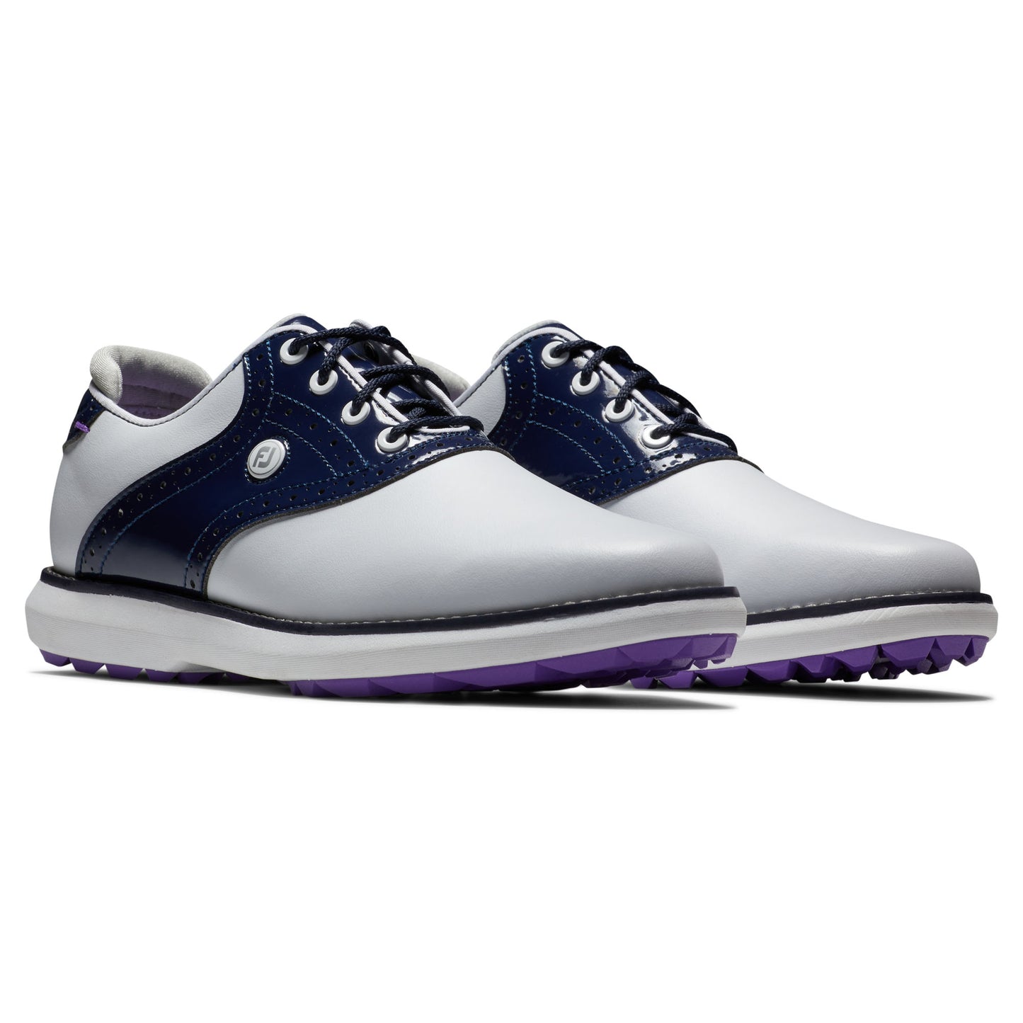 FootJoy Ladies Wide Fit Waterproof Spikeless Traditions Shoes in White & Navy