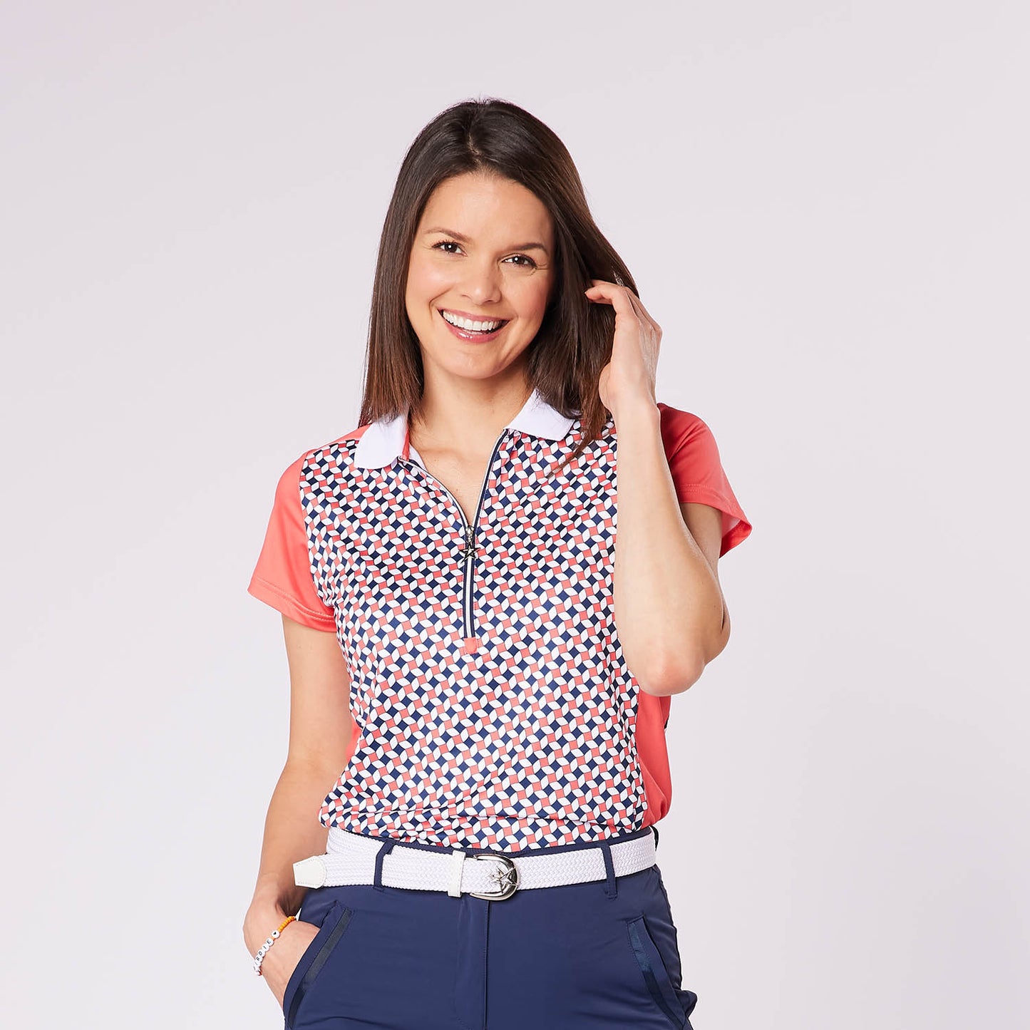 Swing Out Sister Zip-Neck Tile Print Cap Sleeve Polo