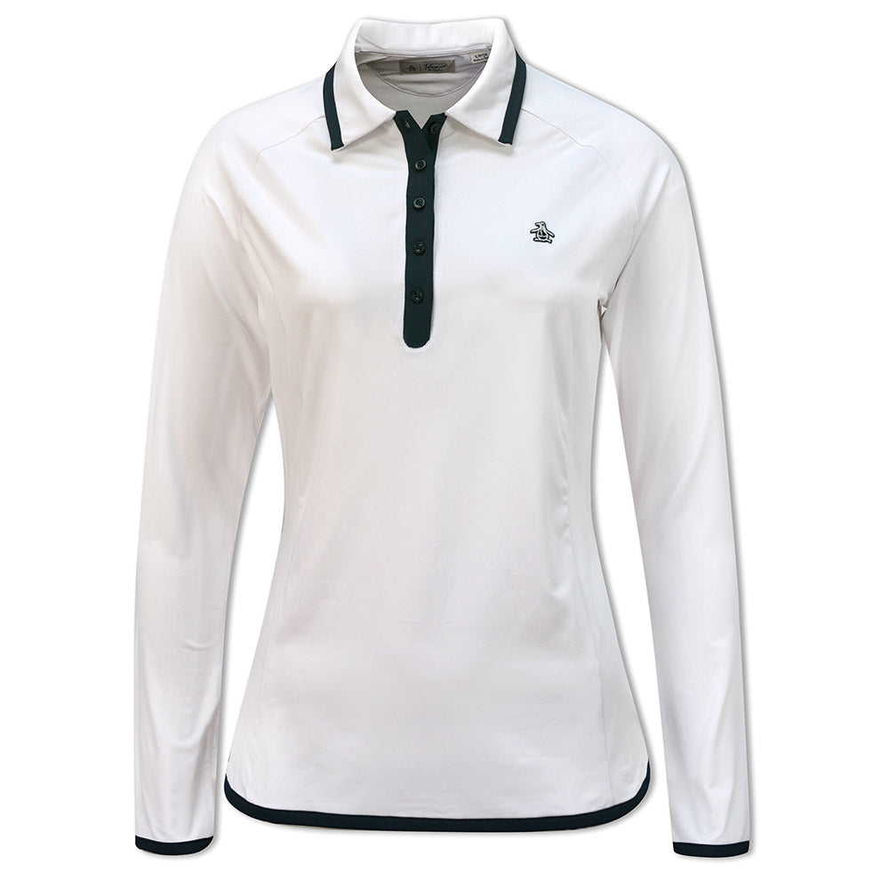 Original Penguin Ladies Long Sleeve Polo with Contrast Hem in Bright White