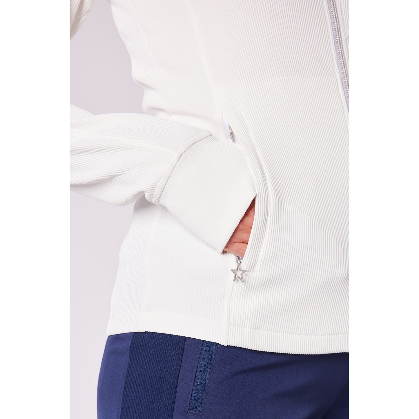 Swing Out Sister Ladies Collarless Ribbed Jacket with Soft-Stretch in Warm White