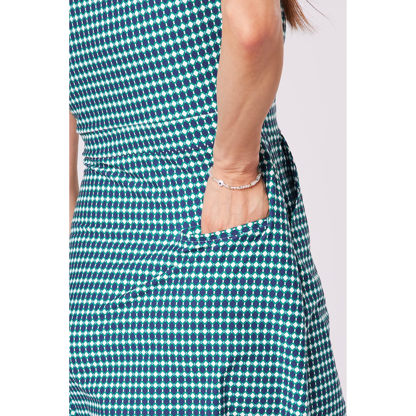 Swing Out Sister Ladies Sleeveless Geo Print Dress with Striped Hem