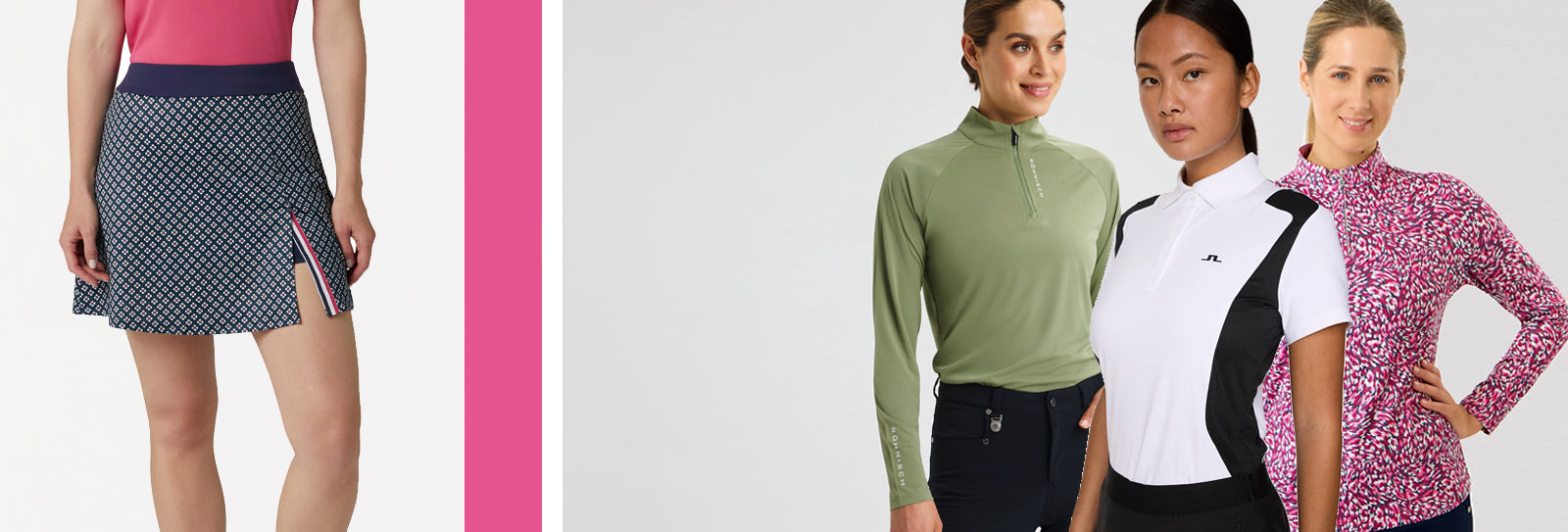 Female golfers wearing new Callaway Golf print skort, Rohnisch lightweight mid layer in olive green, J.Lindeberg White polo with black panels and Pure Golf Mid layer zip neck in pink print.