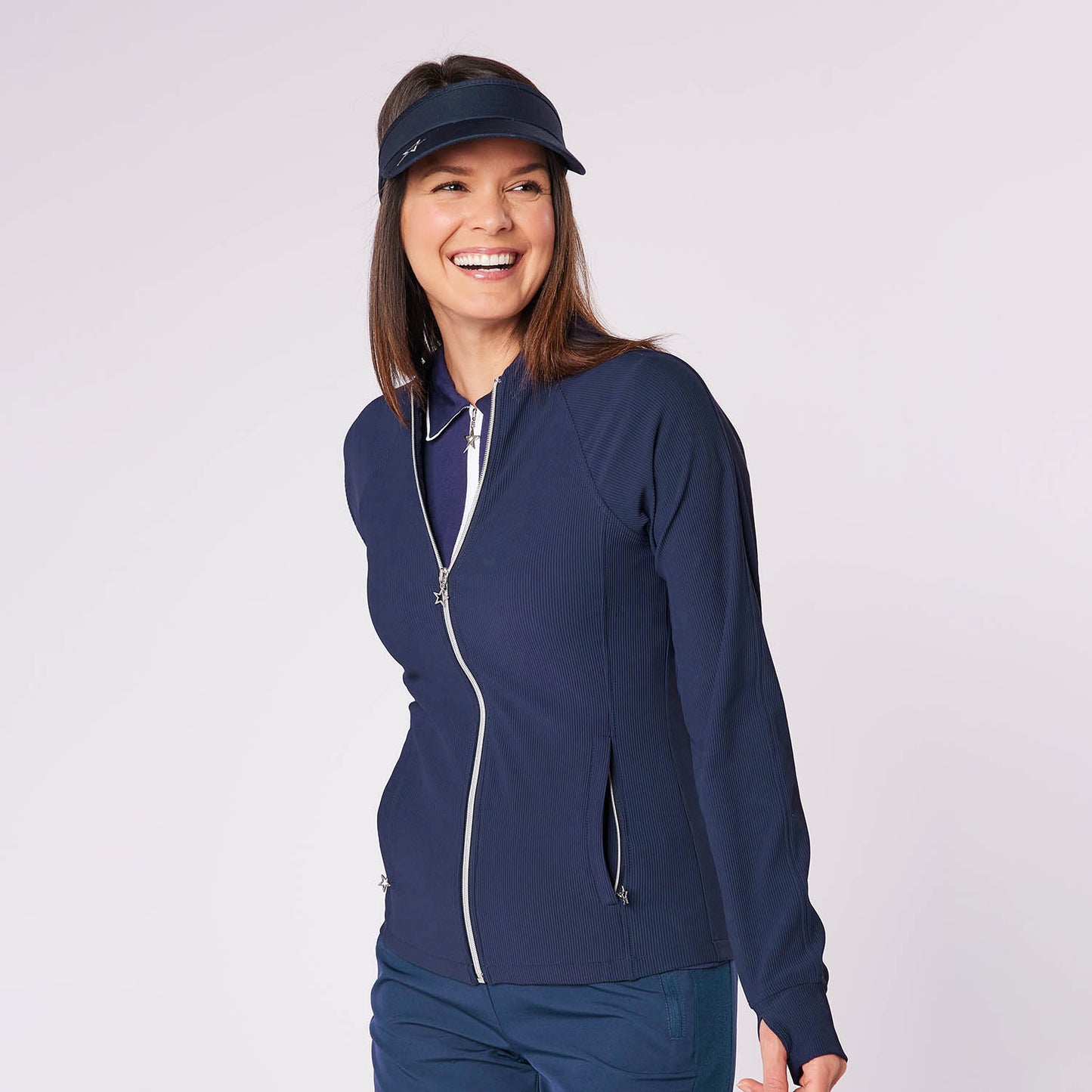Swing Out Sister Ladies Collarless Ribbed Jacket with Soft-Stretch in Navy