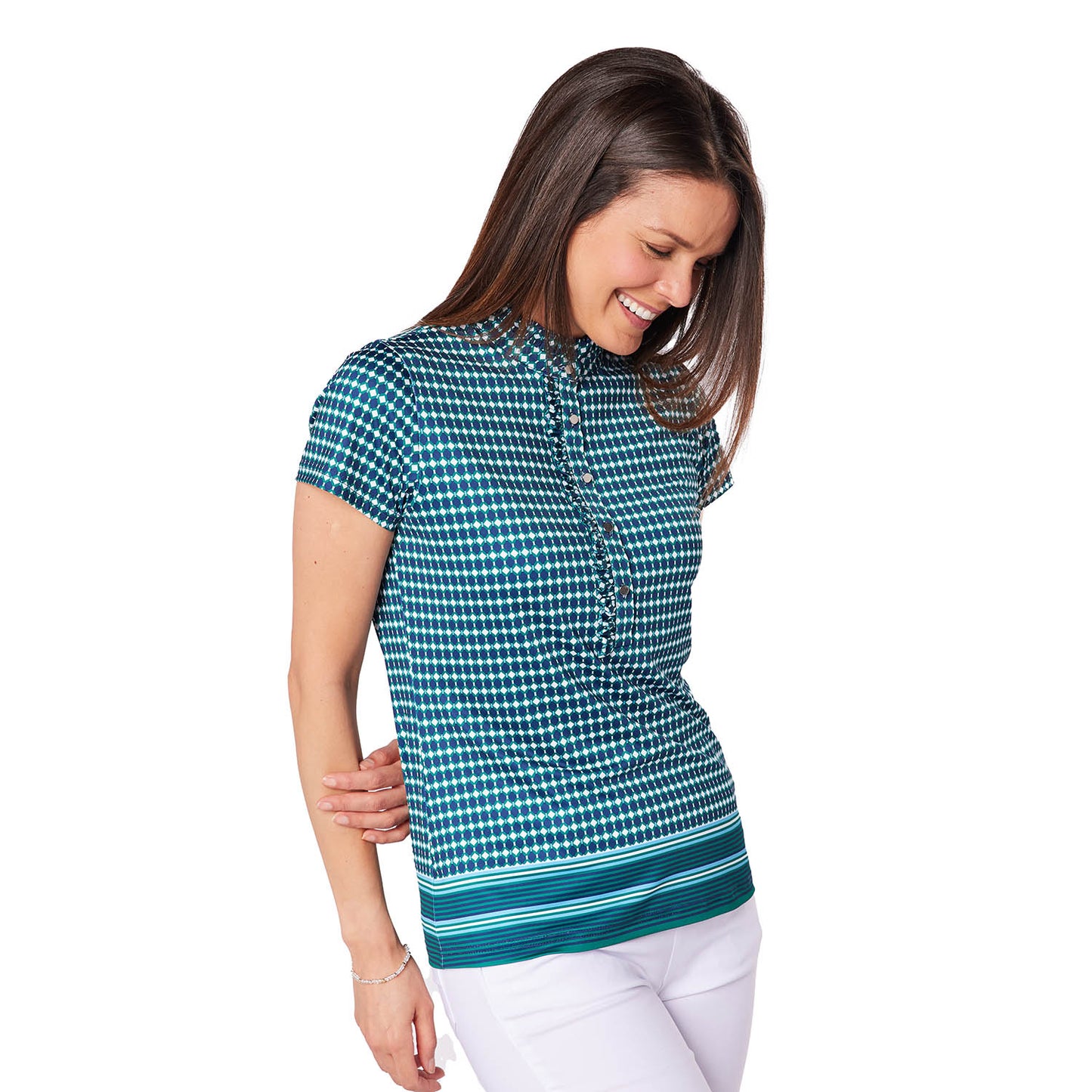 Swing Out Sister Ladies Cap Sleeve Polo in Geo Print with Frill Trim Detail