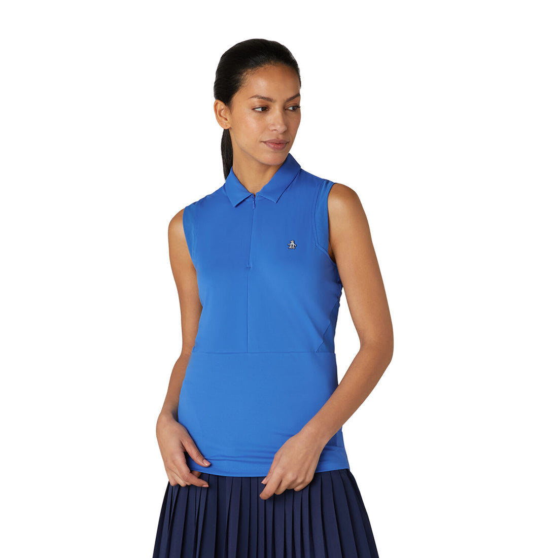 Original Penguin Women's Sleeveless Zip-Neck Polo with Mesh Panels in Nebulas Blue