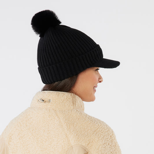 Swing Out Sister Fully Lined Bobble Hat with Peak in Black