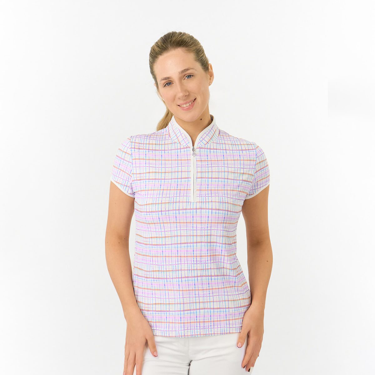 Pure Golf Cap Sleeve Polo in Pastel Check Print