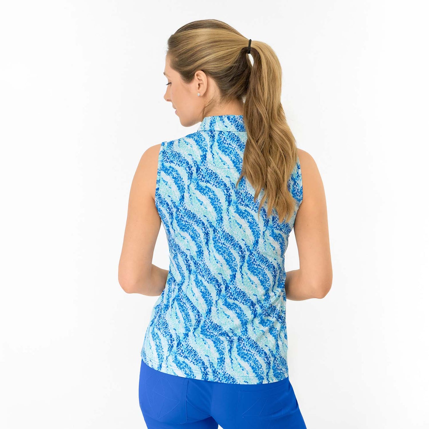 Pure Ladies Sleeveless Buttoned Polo in Flowing Wave Print for Playful Style & All-Day Comfort