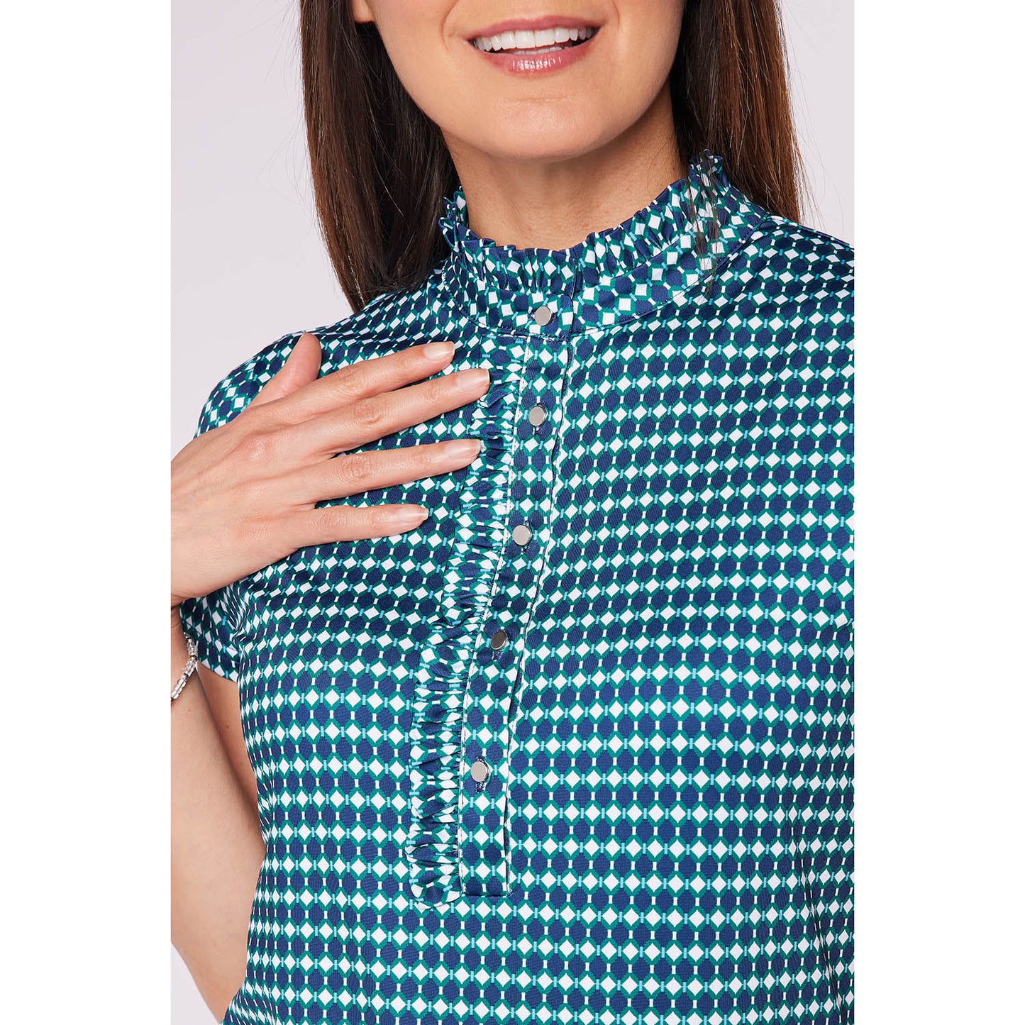 Swing Out Sister Ladies Cap Sleeve Polo in Geo Print with Frill Trim Detail