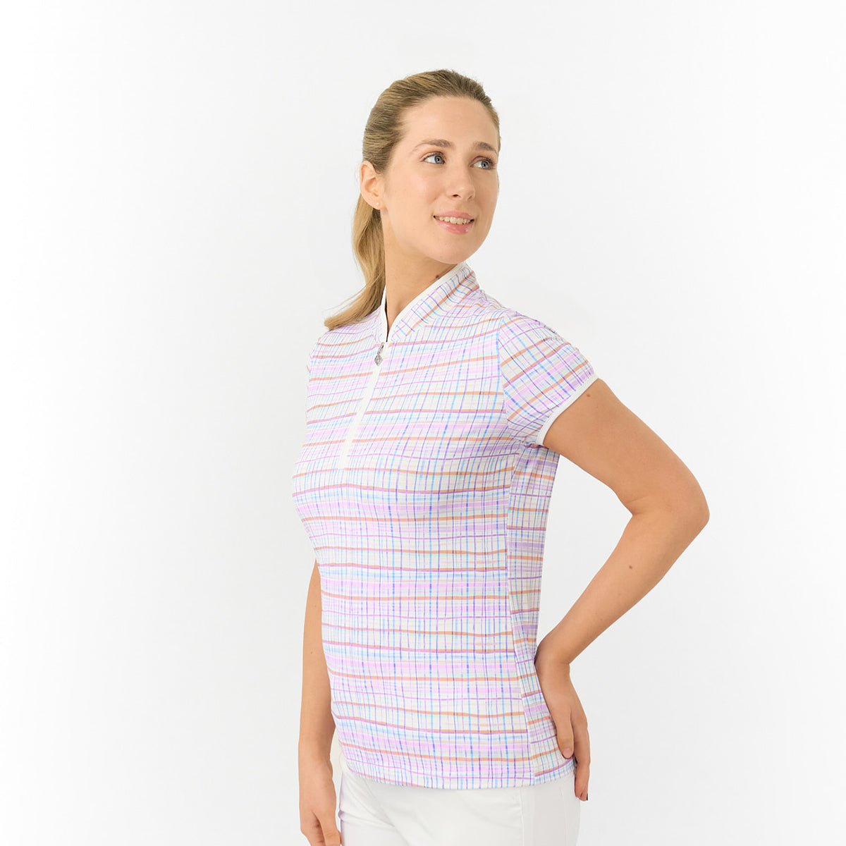 Pure Golf Cap Sleeve Polo in Pastel Check Print