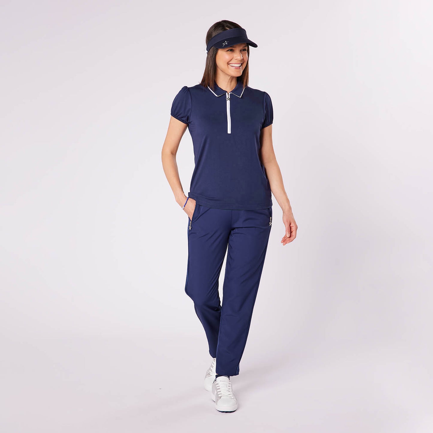 Swing Out Sister Ladies Zip-Neck Puffed Cap Sleeve Polo in Navy