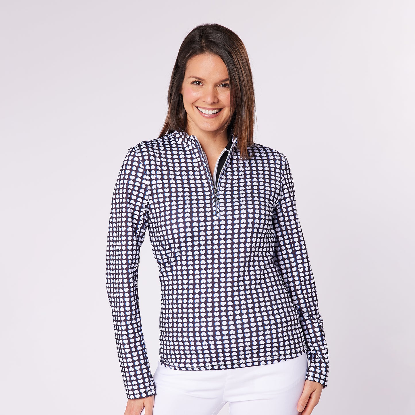 Swing Out Sister Womens Heart Print Zip-Neck Top