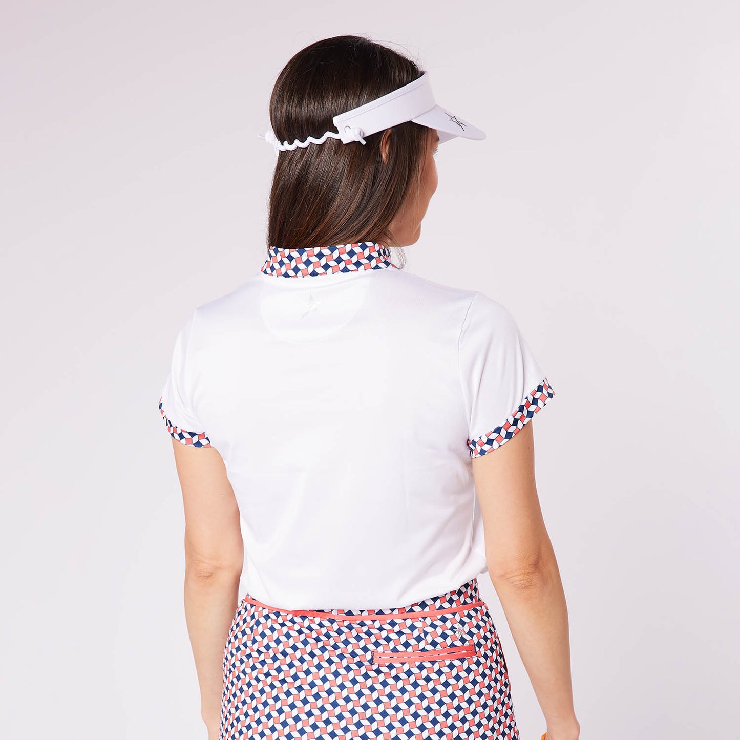 Swing Out Sister Ladies Cap Sleeve Zip-Neck Polo with Geometric Tile Print Trim