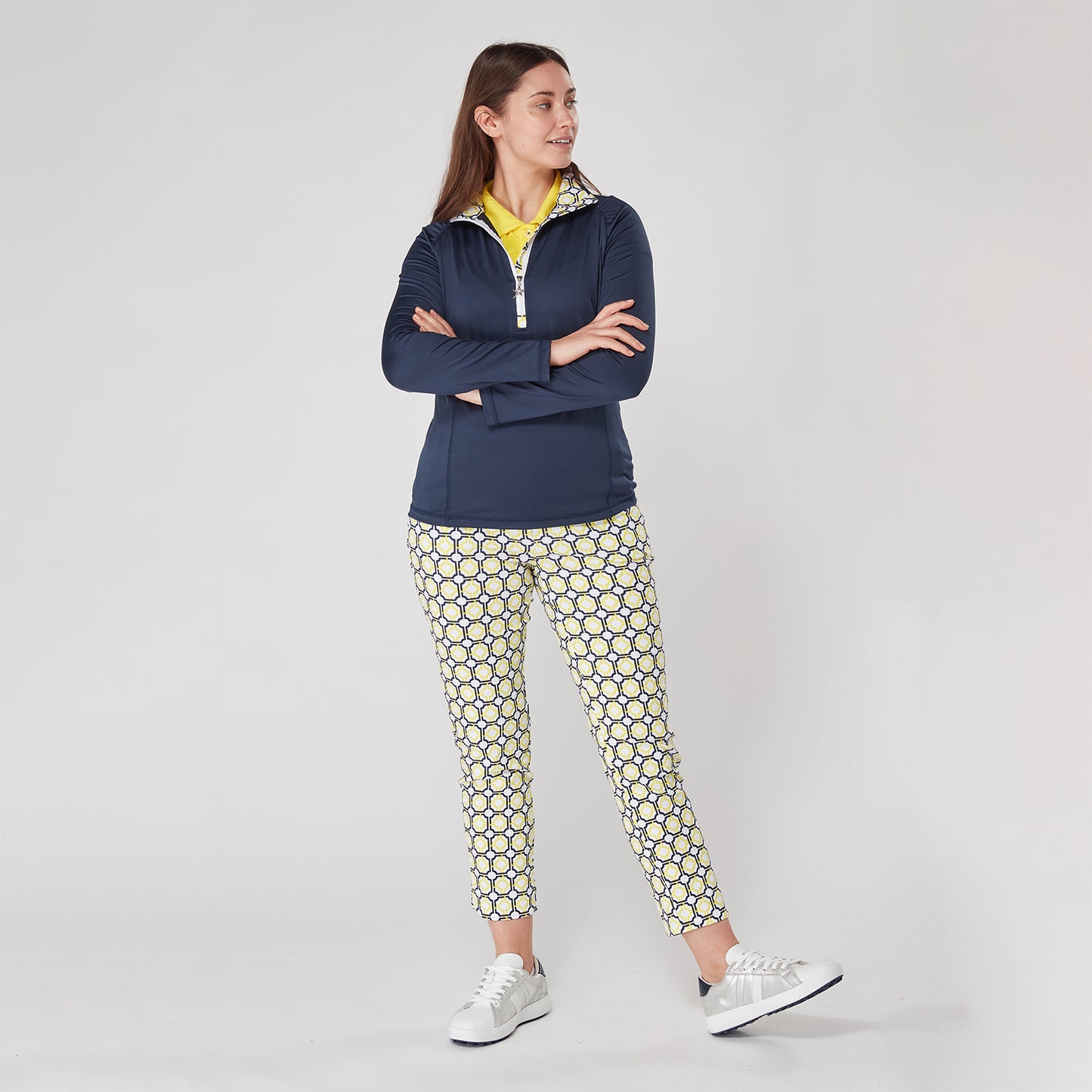 Swing Out Sister Ladies Sunshine and Navy Mosaic Pattern 7/8 Trousers