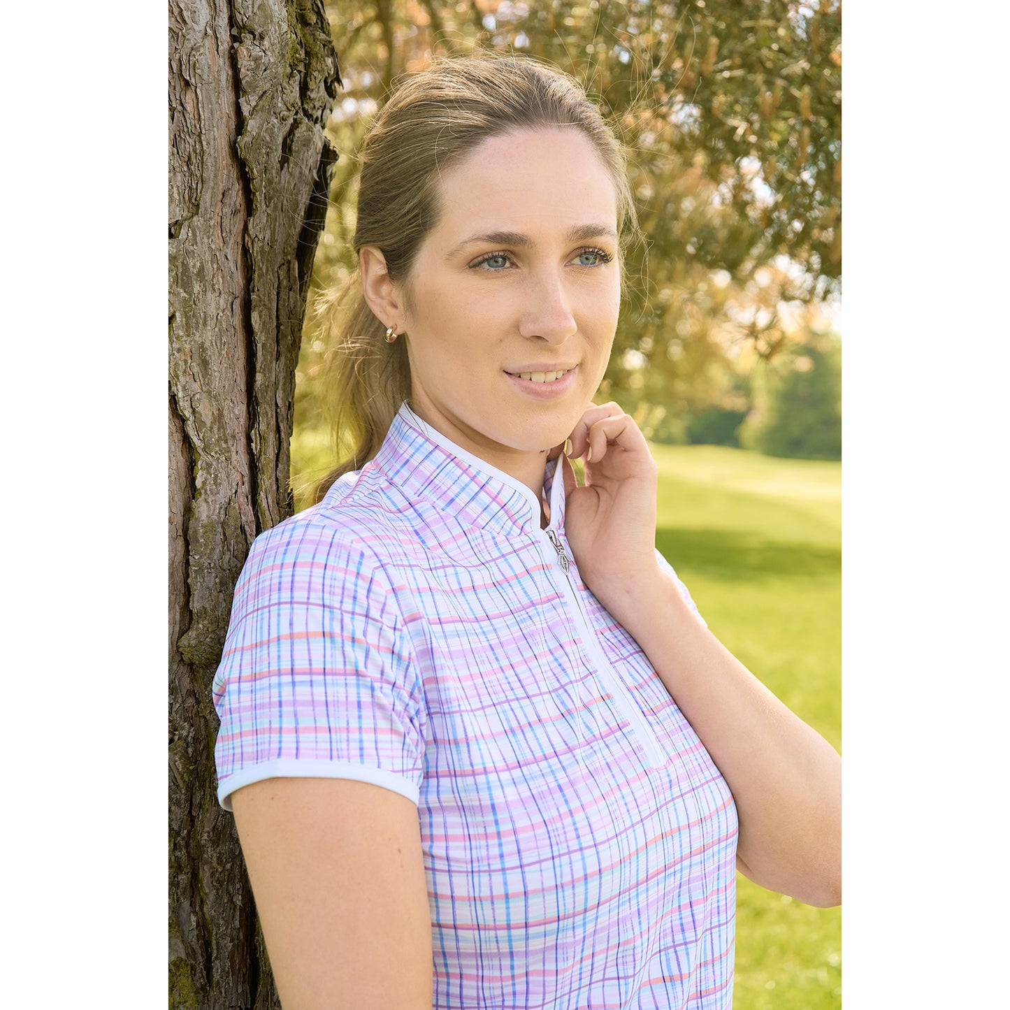 Pure Golf Cap Sleeve Polo in Pastel Check Print