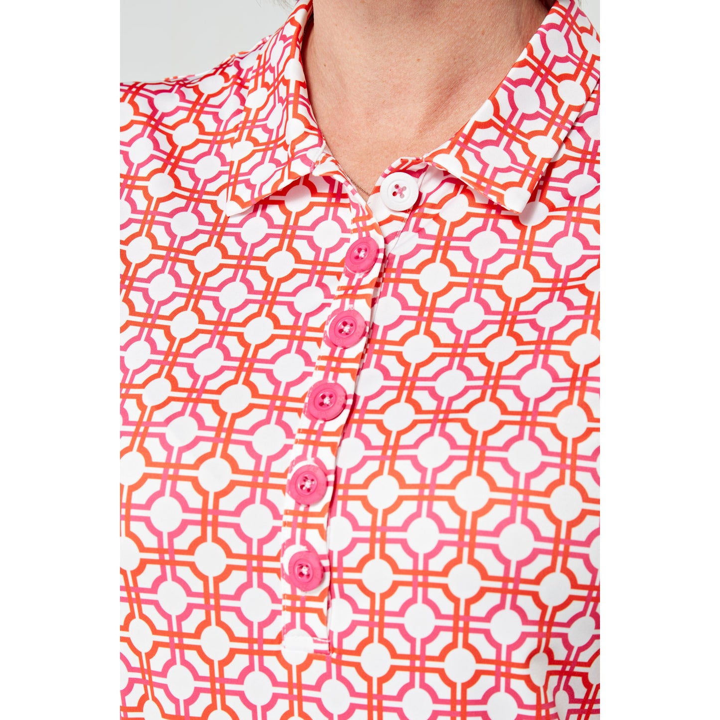 Swing Out Sister Ladies Cap Sleeve Polo in Lush Pink and Mandarin Mosaic Pattern