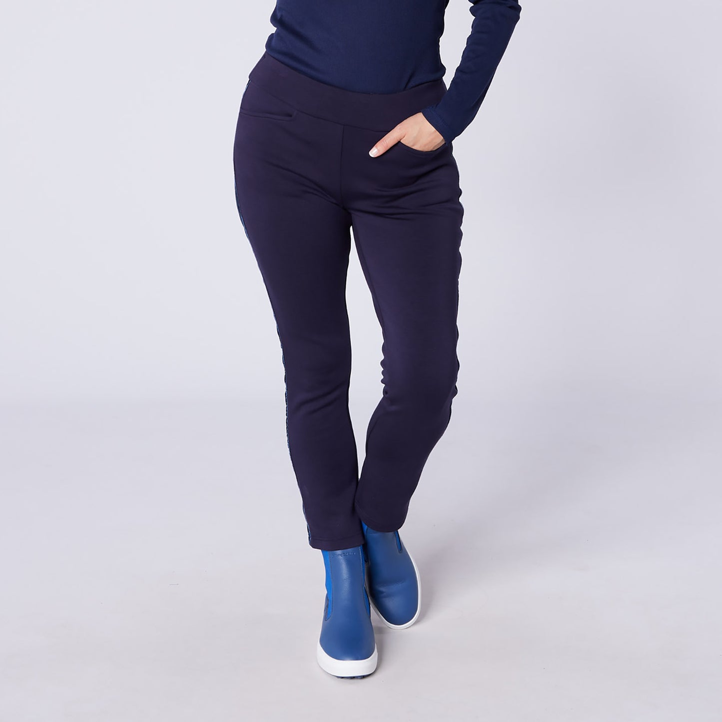 Swing Out Sister Ladies Thermal Pull-On Fleece Backed Trousers with Side Stripe in Navy