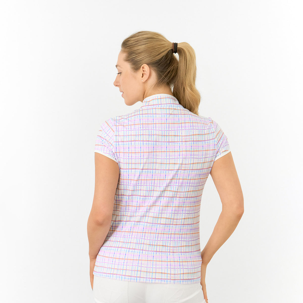 Pure Golf Cap Sleeve Polo in Pastel Check Print