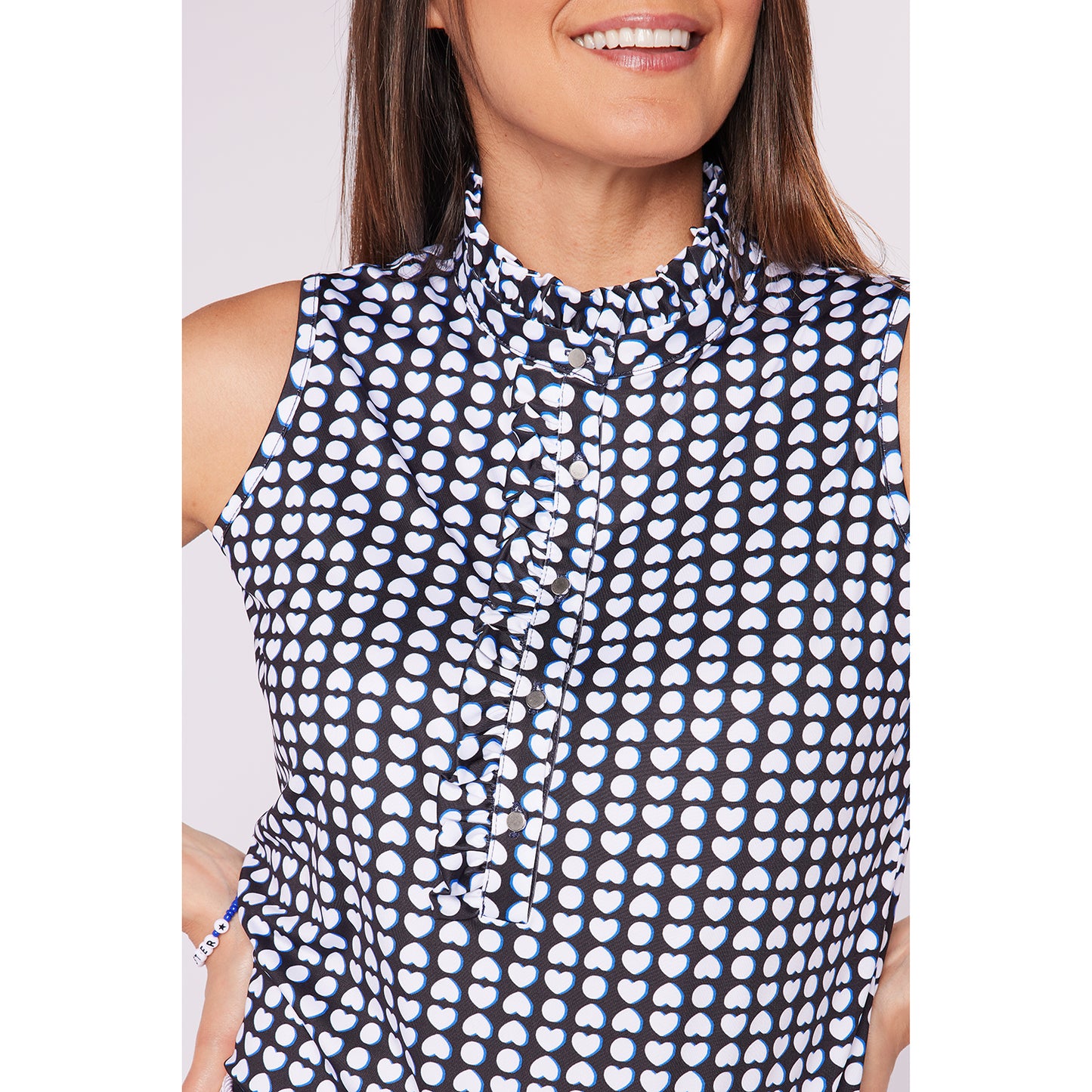 Swing Out Sister Ladies Sleeveless Polo with Heart Print and Frill Trim Collar