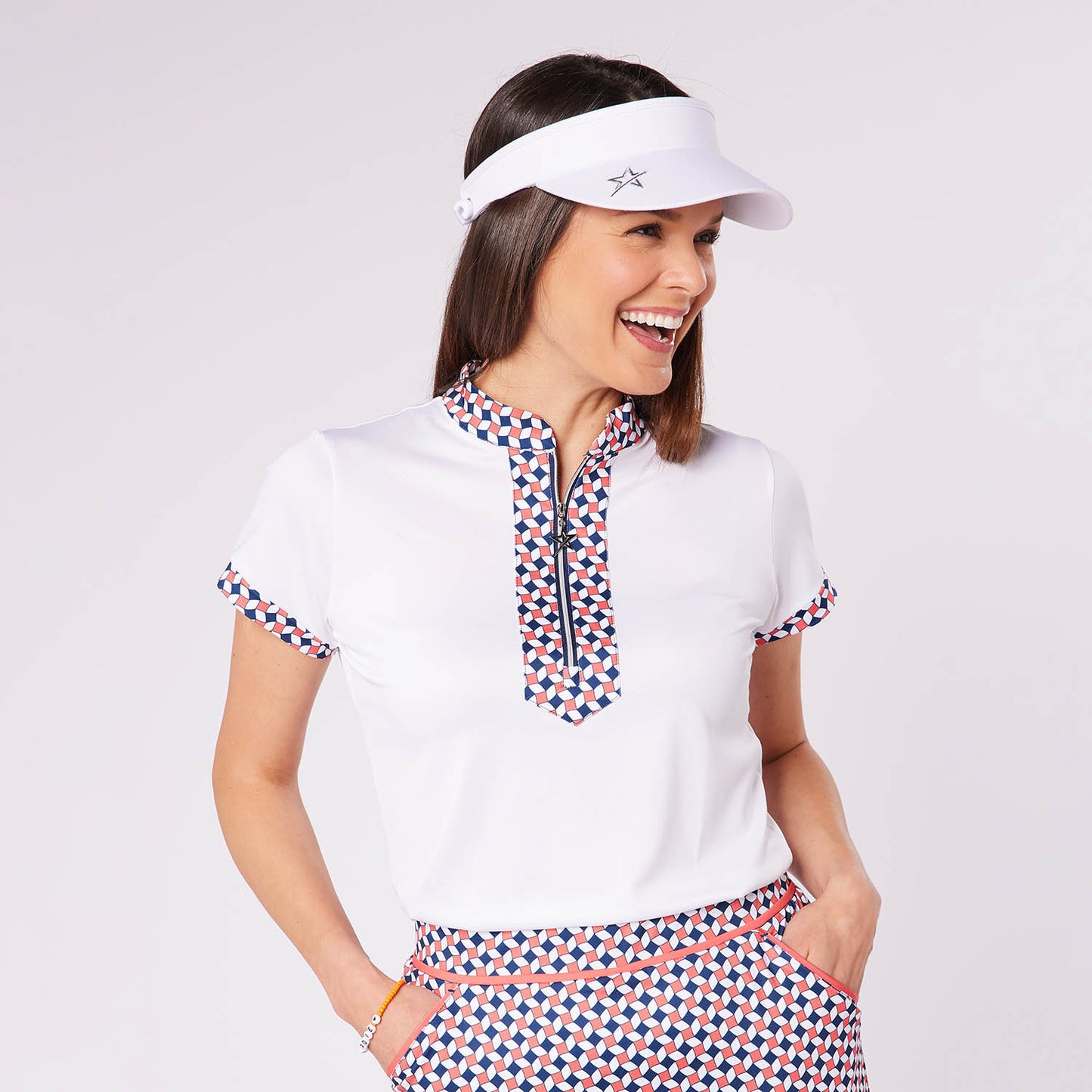 Swing Out Sister Ladies Cap Sleeve Zip-Neck Polo with Geometric Tile Print Trim