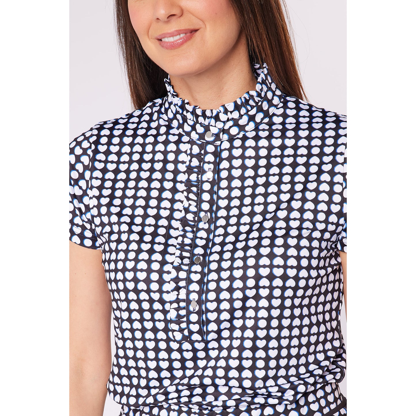 Swing Out Sister Ladies Cap Sleeve Polo in Geo Print with Frill Trim Detail