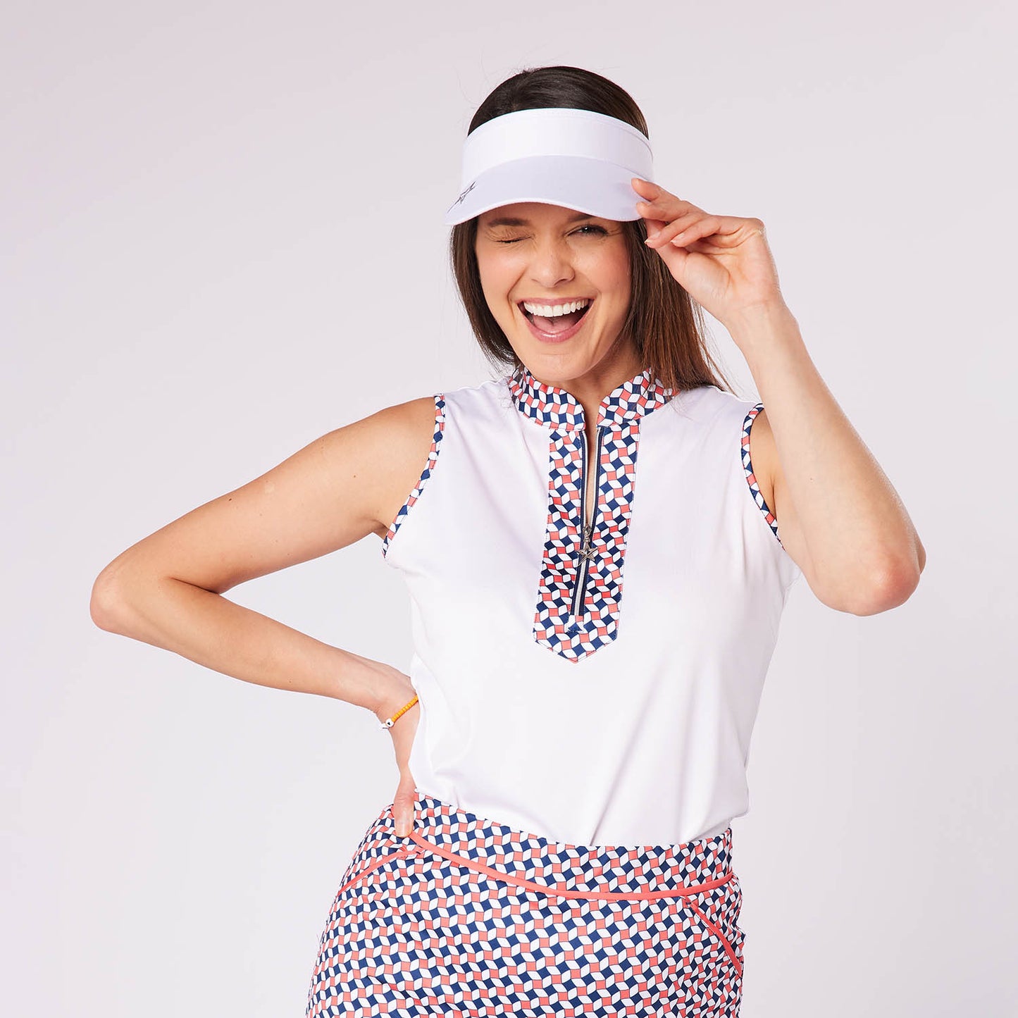 Swing Out Sister Women's Zip-Neck Sleeveless Polo with Contrast Trim