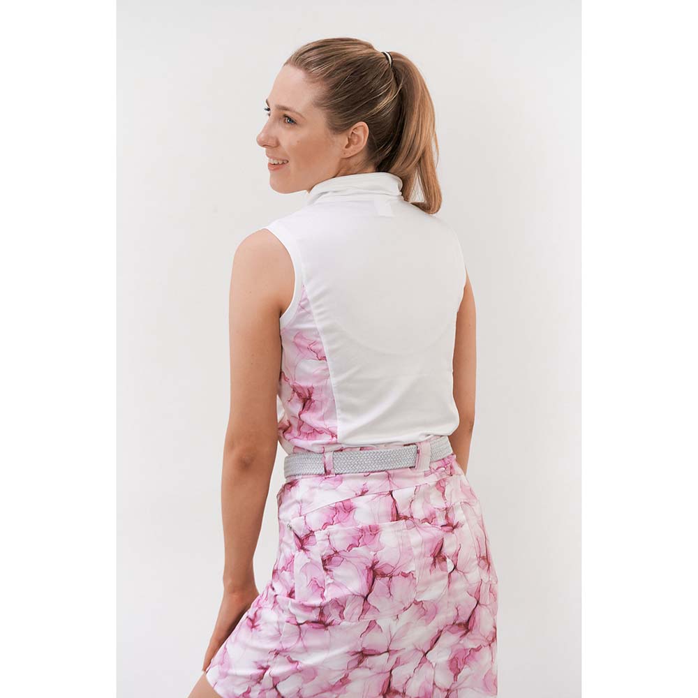 Pure Golf Ladies White & Pink Blossom Print Sleeveless Polo Shirt - Large Only Left