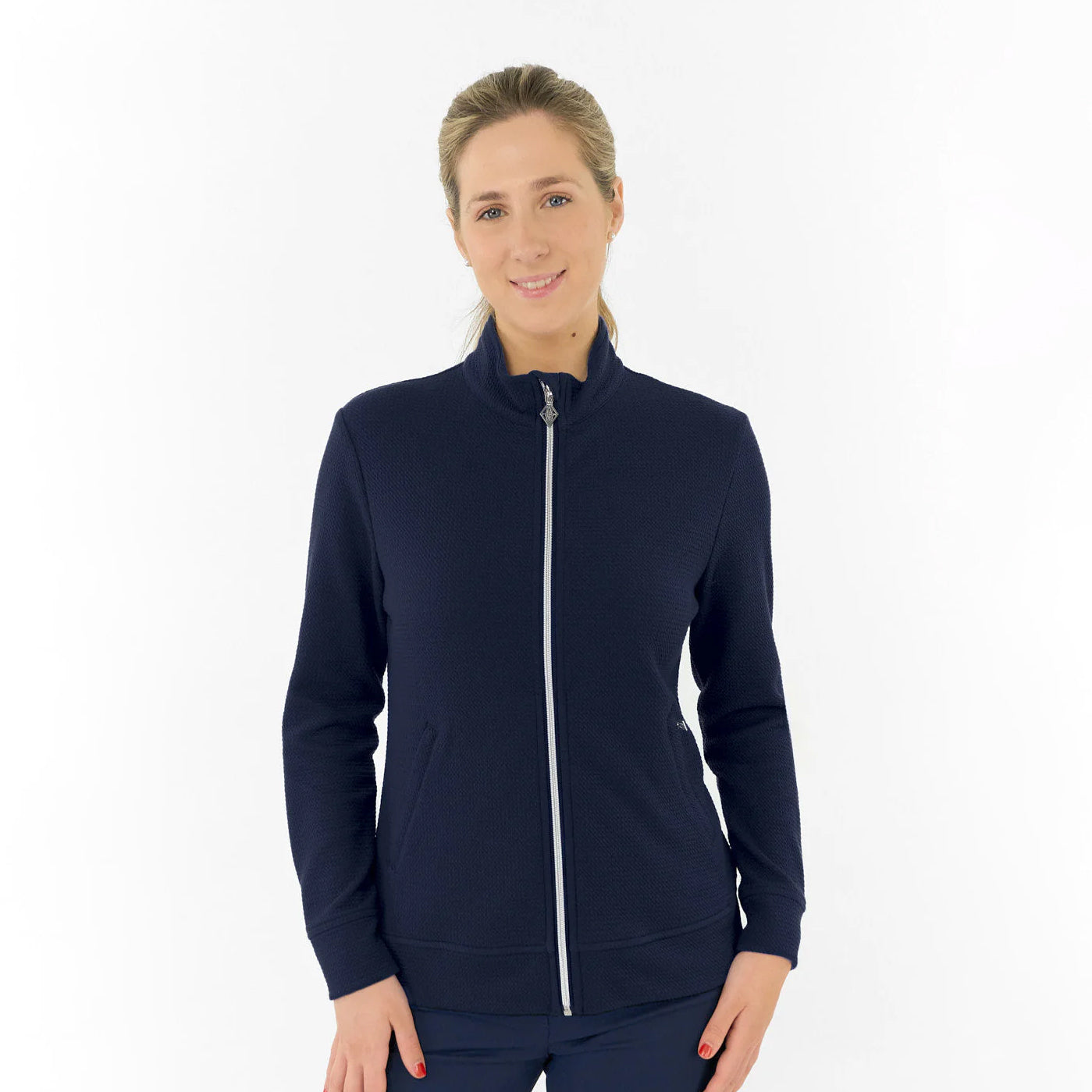 Pure Ladies Navy Textured Jacket β Refined Texture Meets All-Season Performance