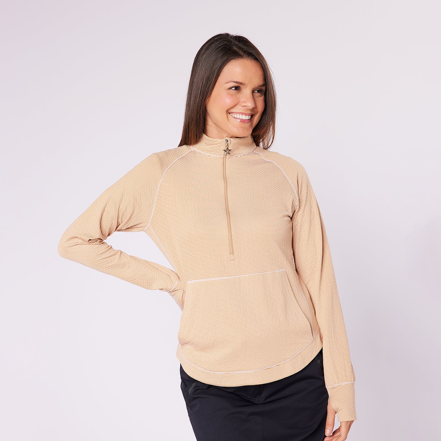 Swing Out Sister Womens Fine Stripe Zip-Neck Top with Front Pocket