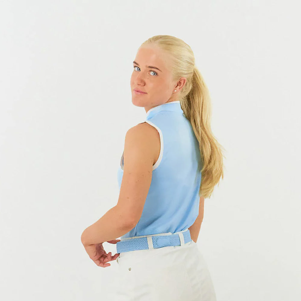 Pure Golf Ladies Sleeveless Mandarin Polo Shirt in Pale Blue