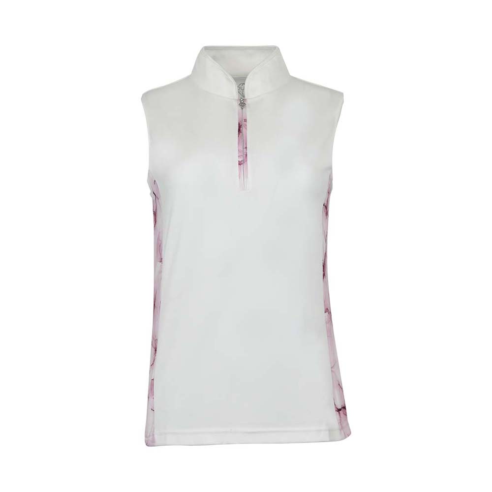 Pure Golf Ladies White & Pink Blossom Print Sleeveless Polo Shirt - Large Only Left