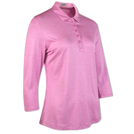 Callaway Ladies 3/4 Sleeve Micro-Stripe Polo in Pink Sunset - Last One Small Only Left