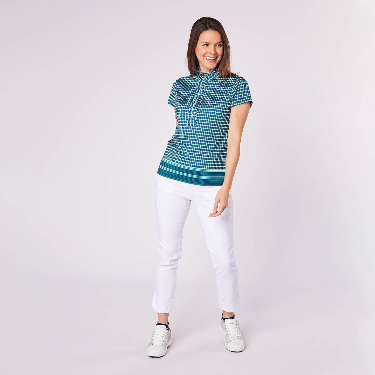 Swing Out Sister Ladies Cap Sleeve Polo in Geo Print with Frill Trim Detail