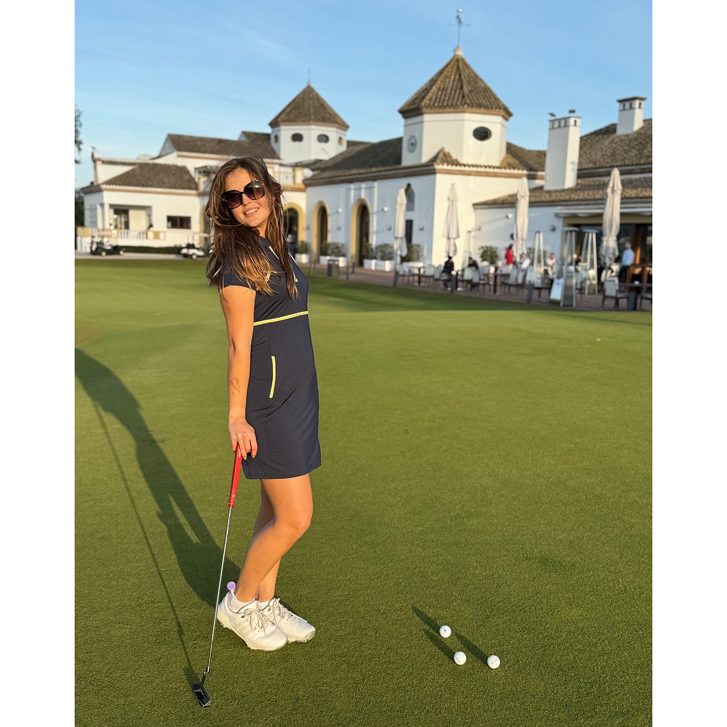 Swing Out Sister Women's Navy and Sunshine Cap Sleeve Dress