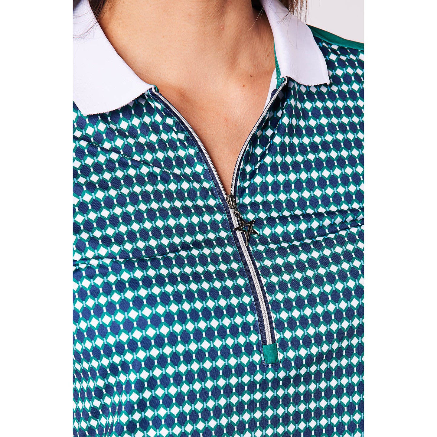 Swing Out Sister Zip-Neck Geo Print Cap Sleeve Polo
