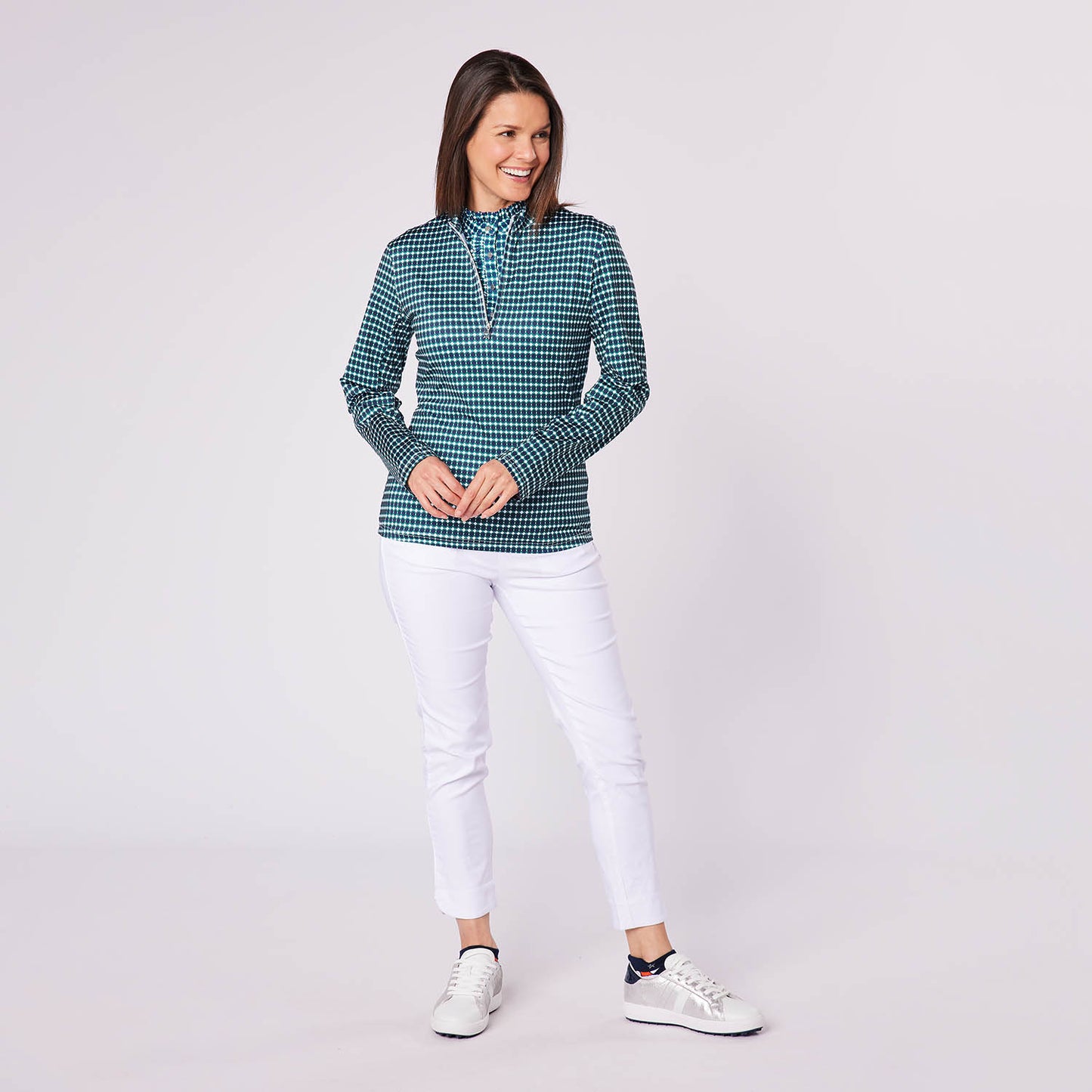 Swing Out Sister Ladies Geometric Print Zip-Neck Top