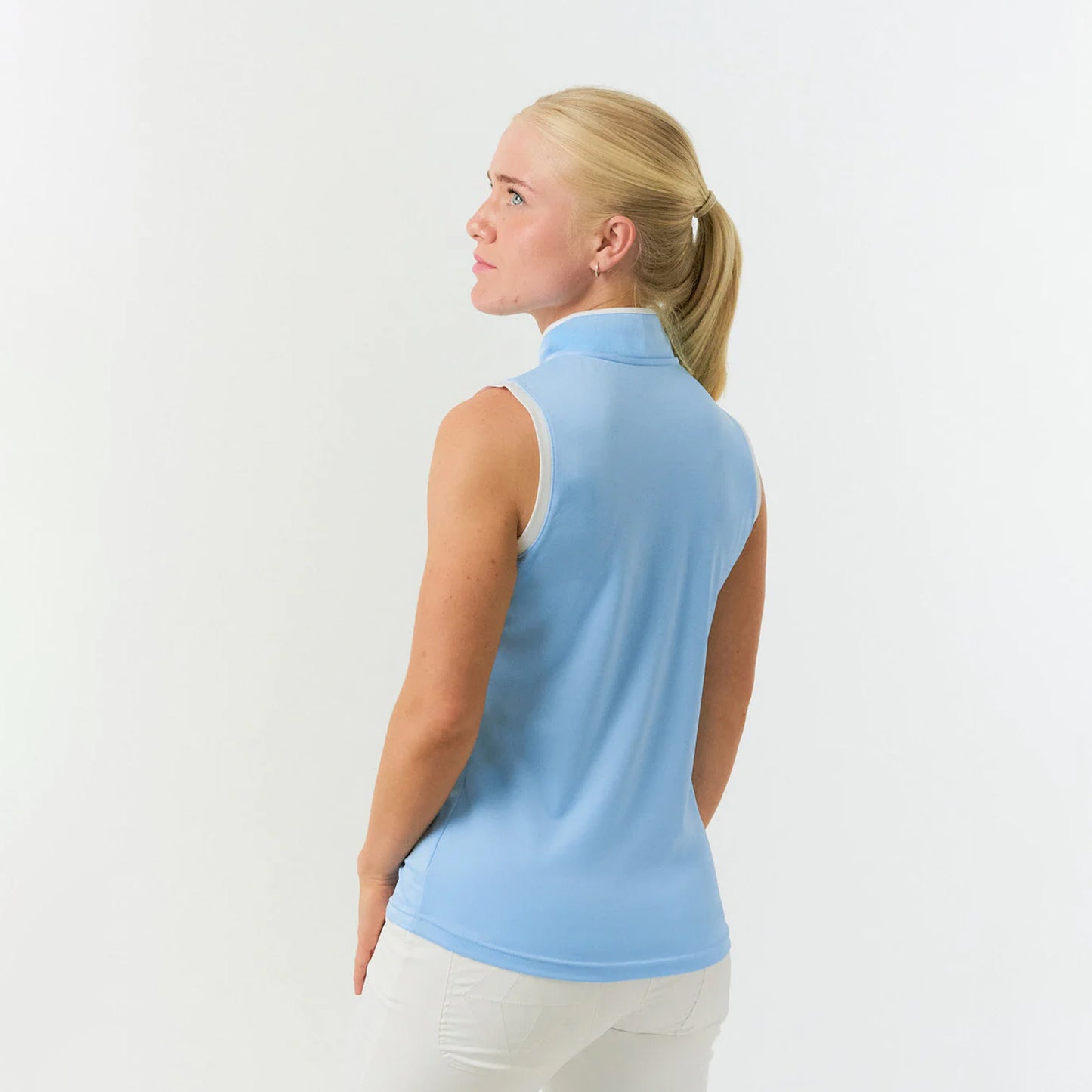 Pure Golf Ladies Sleeveless Mandarin Polo Shirt in Pale Blue