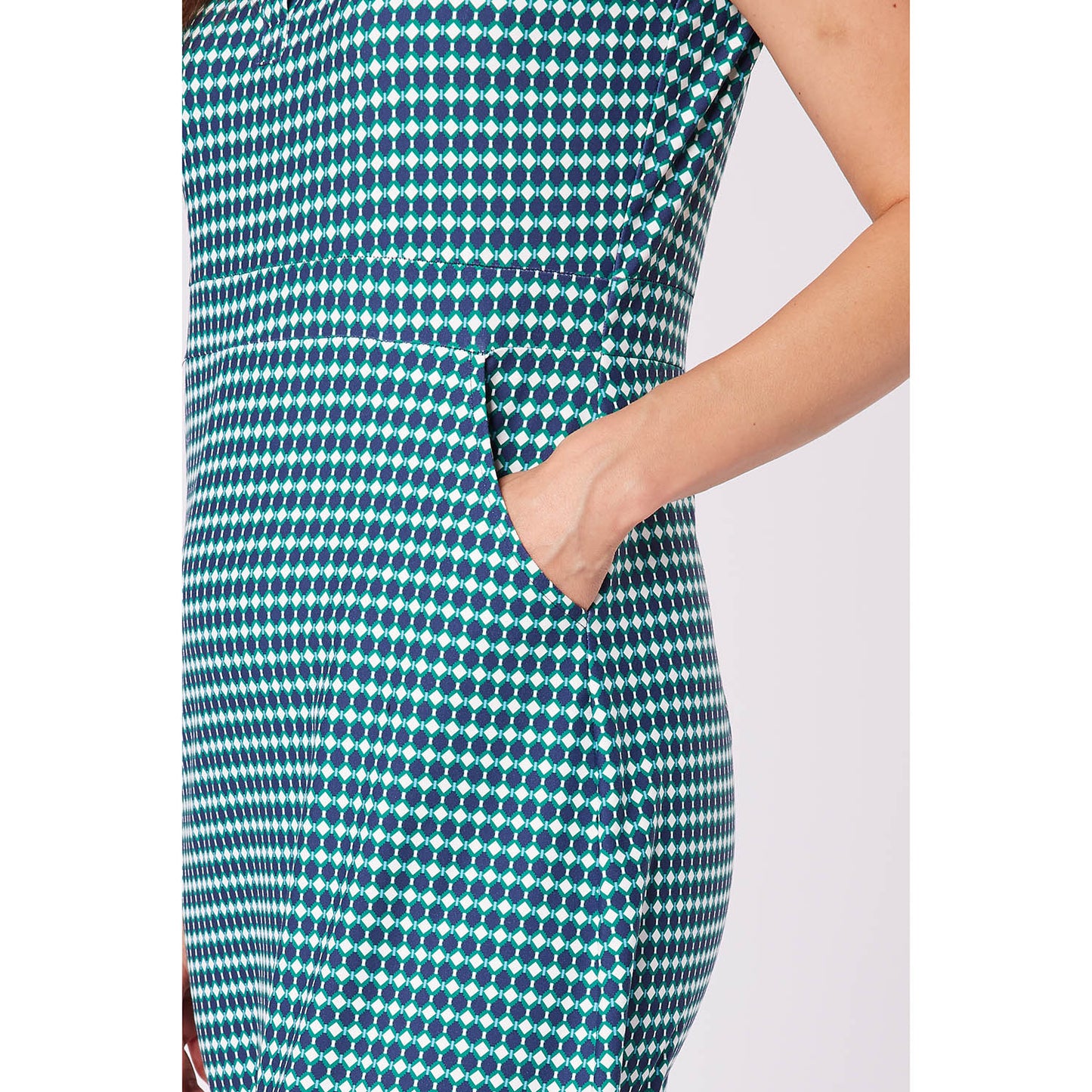 Swing Out Sister Ladies Sleeveless Geo Print Dress with Striped Hem