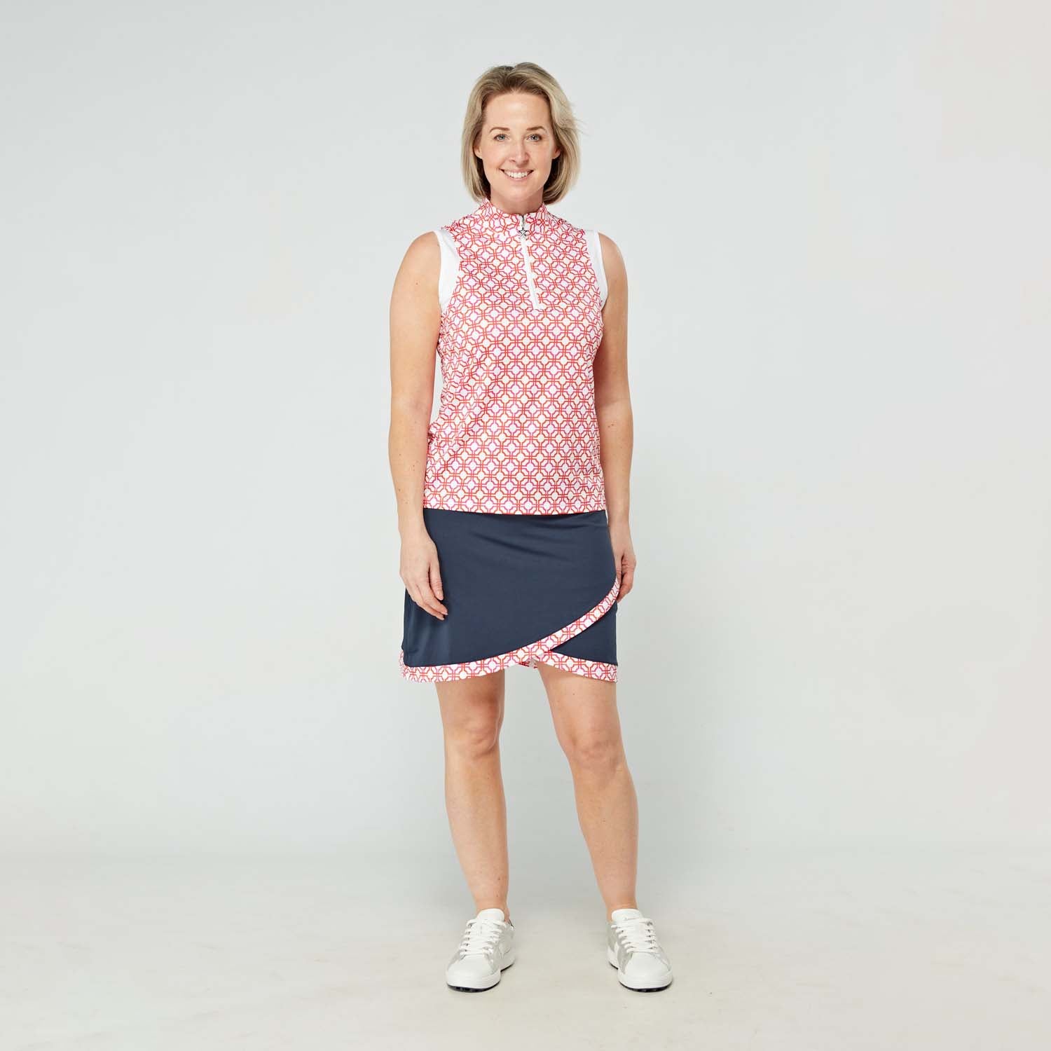 Swing Out Sister Ladies Navy Pull-On Scalloped Skort with Lush Pink and Mandarin Print Trim