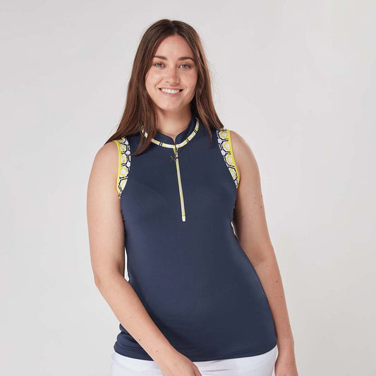 Swing Out Sister Women's Zip Neck Sleeveless Polo in Sunshine and Navy